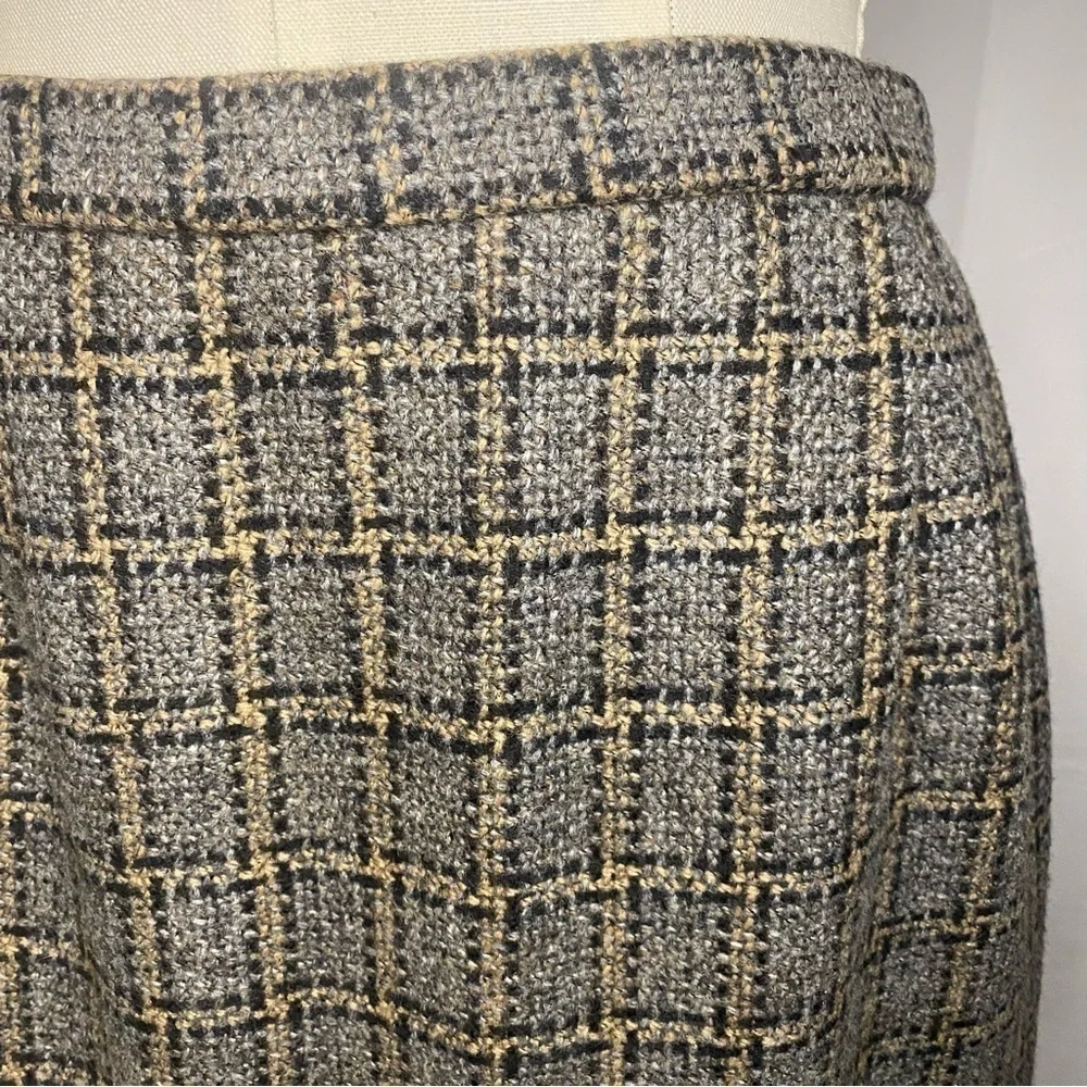 Pendleton Grey Wool Plaid Tan Black Grid Knee Length Midi Skirt size 12